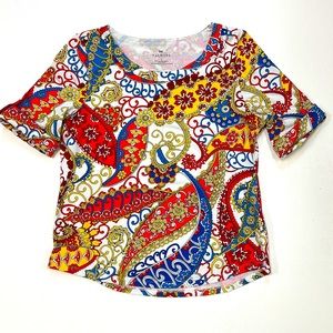 Talbots // Vivid Floral Paisley Print Button Roll Cuff Sleeve Stretch Sz Large